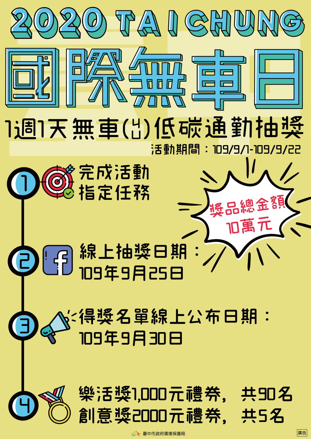 響應2020國際無車日~「1週1天無車ㄐㄩ低碳通勤」活動辦法_圖片